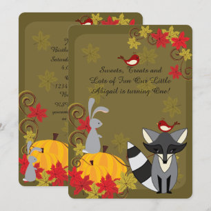 Raccoon und Waldtiere Herbst 1. Geburtstag Einladung