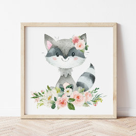 Raccoon, Waldtiere, Boho, rosa Blume Poster