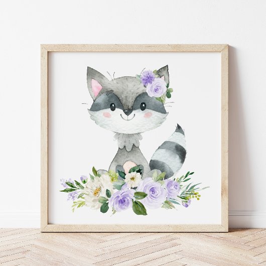Raccoon, Waldtiere, Boho, violette Blumen Fotodruck