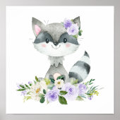 Raccoon, Waldtiere, Boho, violette Blumen Poster (Vorne)