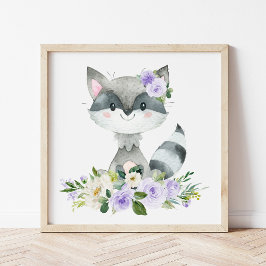 Raccoon, Waldtiere, Boho, violette Blumen Poster