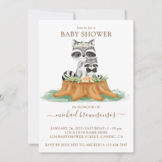 Raccoon Watercolor Mommy Baby Boy Dusche Einladung (Vorderseite)