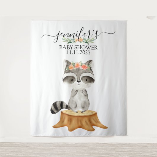 Raccoon Woodland Animals Baby Shower backdrop Wandteppich (Vorderseite)