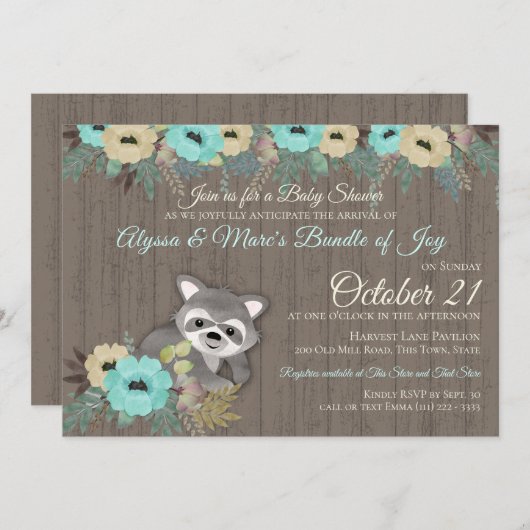 Raccoon Woodland Floral Baby Dusche Einladung (Vorne/Hinten)