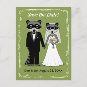 Raccoons Hochzeit speichern das Datum Grün Ankündigungspostkarte