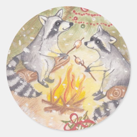 Raccoons Roasting Marshmallows Weihnachtsaufkleber Runder Aufkleber (Vorderseite)