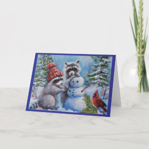 Raccoons Snowman Kardinal Bland Grußkarte Karte