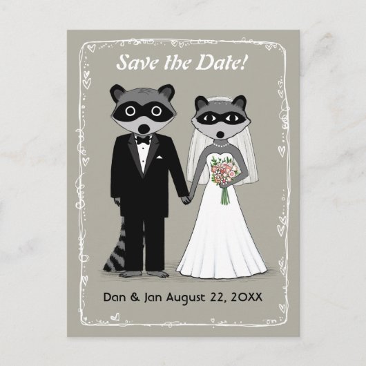 Raccoons Wedding Save the Date (Warm Gray) Ankündigungspostkarte (Vorderseite)