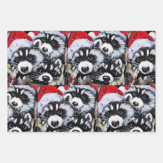 Raccoons Weihnachtszeit Weihnachtsmannmütze Origin Geschenkpapier Set (Vorderseite)