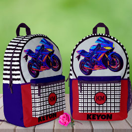 Race Bike Gingham Custom Name Left-Handed School Bedruckter Rucksack
