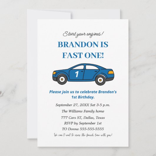 Race Car 1. Geburtstag Junge Blue Kinder Einladung (Vorderseite)