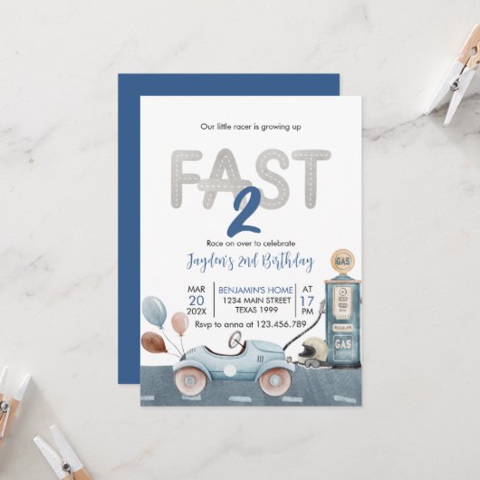 Race Car 2. Racing 2 Fast Birthday Einladung (Vorderseite/Rückseite Beispiel)
