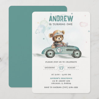 Race Car Baby Bear 1. Geburtstag Einladung