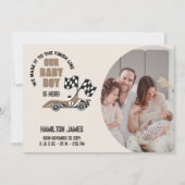 Race Car Baby Boy Birth Ankündigung (Vorderseite)