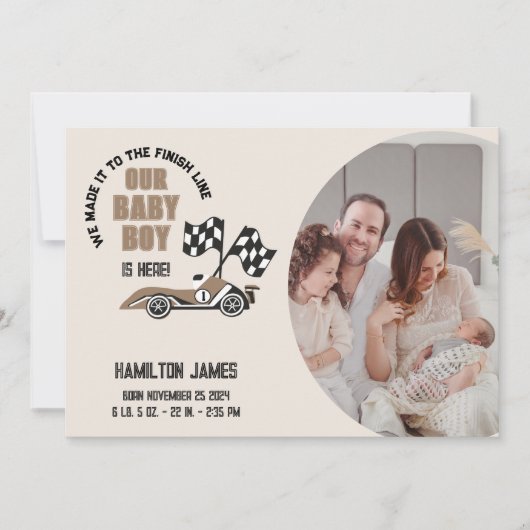 Race Car Baby Boy Birth Ankündigung (Vorderseite)
