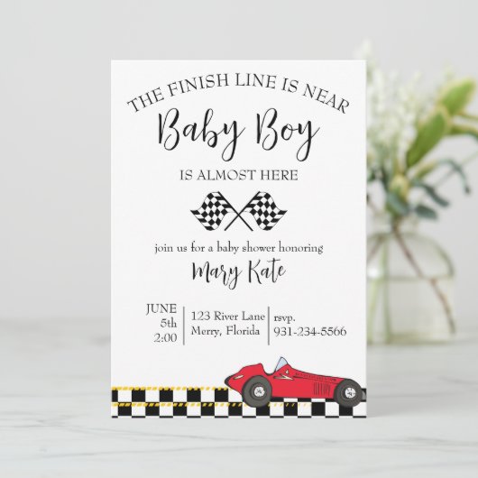 Race Car Baby Dusche Einladung (Stehend Vorderseite)