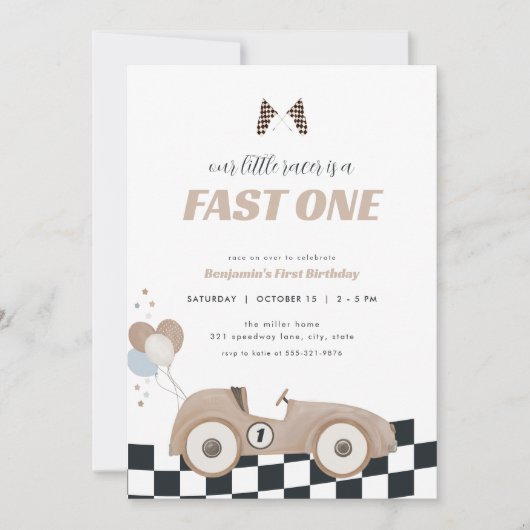 Race Car Beige Fast One First Birthday Invite  Einladung (Vorderseite)