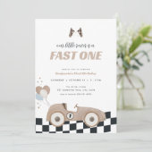 Race Car Beige Fast One First Birthday Invite  Einladung (Stehend Vorderseite)
