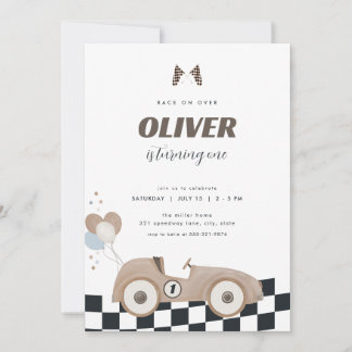 Race Car Beige Vintage Car First Birthday Invite Einladung