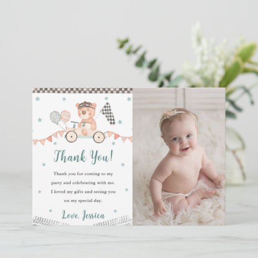 Race Car Birthday Party Foto Danke Karte (Stehend Vorderseite)