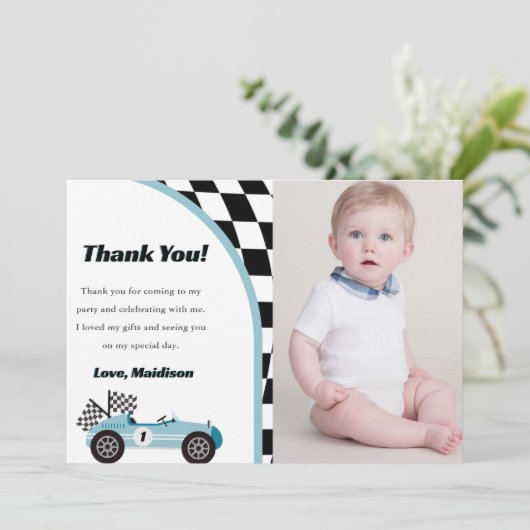 Race Car Birthday Party Foto Danke Karte (Stehend Vorderseite)