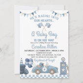 Race Car Blue Boy Baby Shower Einladung (Vorderseite)