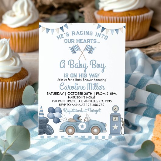 Race Car Blue Boy Baby Shower Einladung