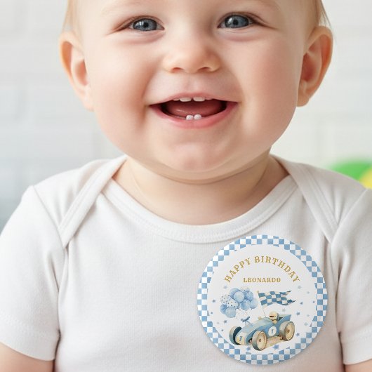 Race Car Blue Checkered Flag Boy First Birthday  Button