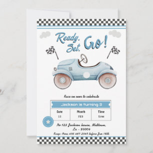 Race Car blue Vintag Ready Set 3. Geburtstag Einladung