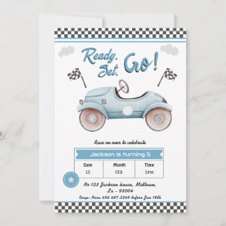 Race Car blue Vintag Ready Set 5. Geburtstag Einladung