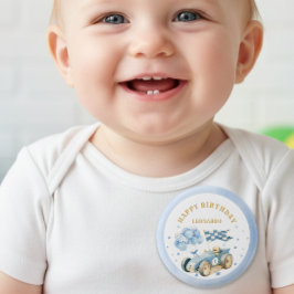 Race Car Blue Watercolor Boy First Birthday  Button