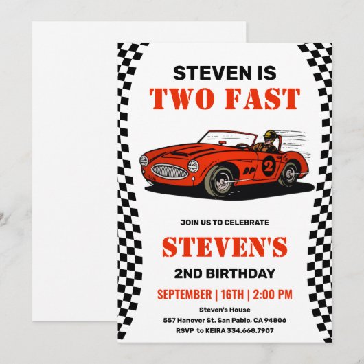 Race Car Boy 2. Geburtstag Einladung (Vorne/Hinten)