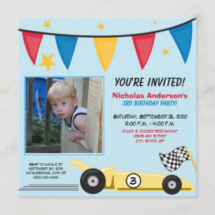 Race Car Custom Birthday Party Einladung (blau)