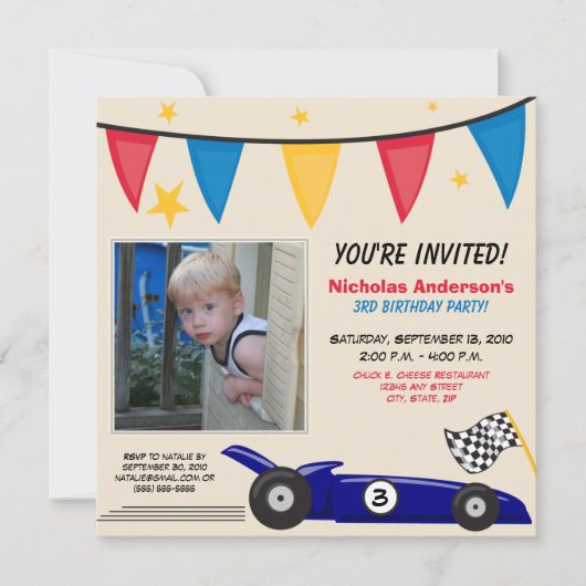 Race Car Custom Birthday Party Einladung (taupe) (Vorderseite)