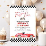 Race Car Erster Geburtstag Schnell One Einladung<br><div class="desc">Diese bezaubernde Einladung enthält ein rotes Wasserfarbenrennen-Auto mit Flammendetails.</div>