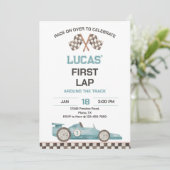 Race Car First Lap Around the Track Birthday Party Einladung (Stehend Vorderseite)