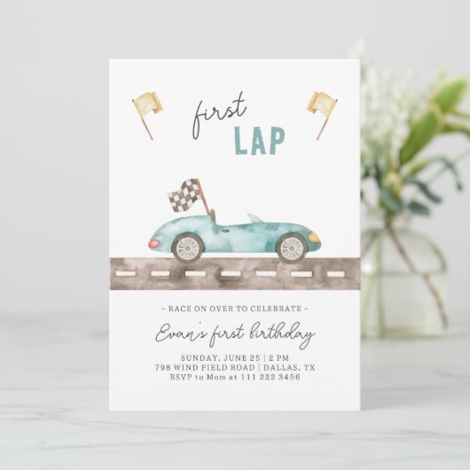 Race Car First Lap Geburtstag Einladung (Stehend Vorderseite)