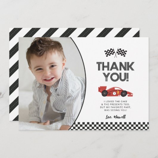 Race Car Geburtstag Danke Karte mit Foto (Vorne/Hinten)