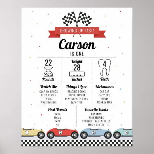 Race Car Geburtstag Meilenstein Chart Geburtstagsk Poster (Vorne)