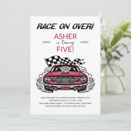 Race Car Geburtstagsparty Einladung (Stehend Vorderseite)