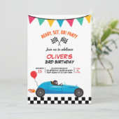 Race Car Kindergeburtstag Party Grußkarte Ankündigung (Stehend Vorderseite)