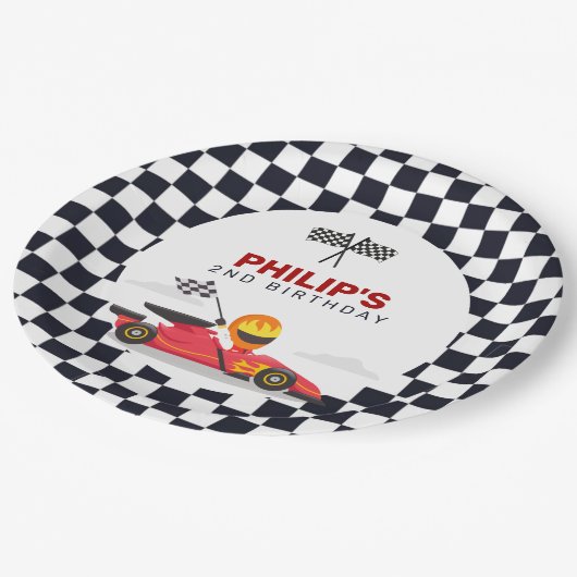 Race Car Race Birthday Party Checked Pappteller (Schrägansicht)
