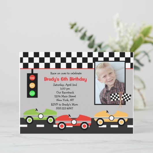 Race Car Racecar Brithday Boys Einladung zum Gebur (Stehend Vorderseite)