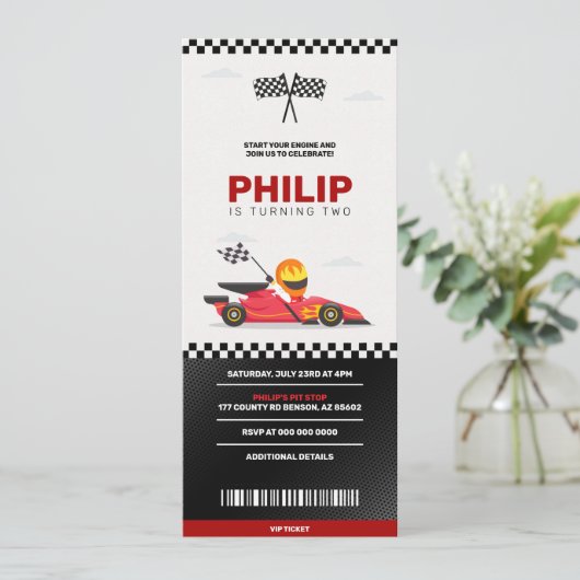 Race Car Racing Boy Birthday Party Ticket Einladung (Stehend Vorderseite)