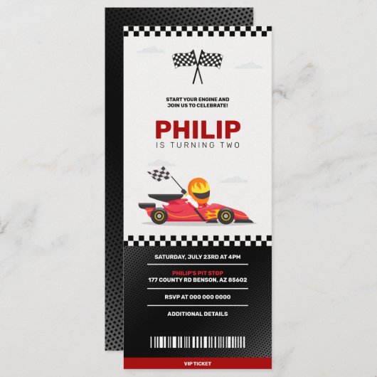 Race Car Racing Boy Birthday Party Ticket Einladung (Vorne/Hinten)