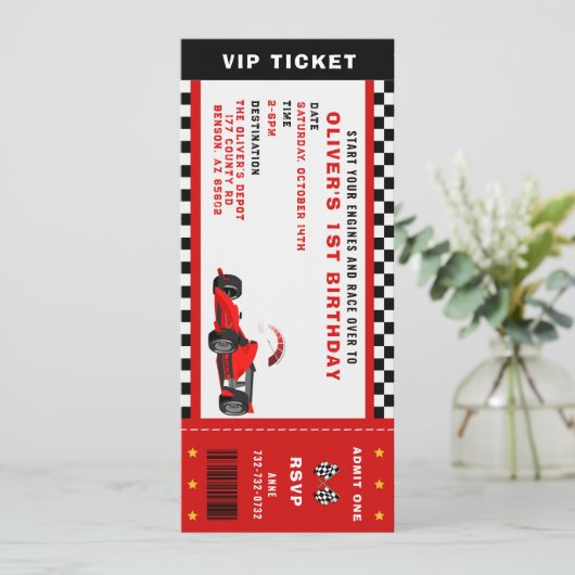 Race Car Racing Boy Birthday Party Ticket Einladung (Stehend Vorderseite)