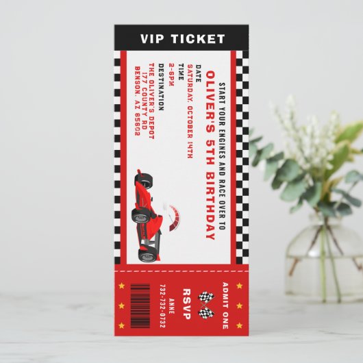 Race Car Racing Boy Birthday Party Ticket Einladung (Stehend Vorderseite)