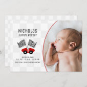 Race Car Schachbrett Flag Geburt mit Foto Einladung (Vorne/Hinten)