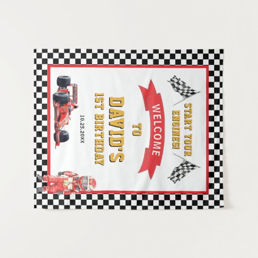 Race Car Start Your Engines 1st Birthday Wandteppich (Vorderseite (Horizontal))