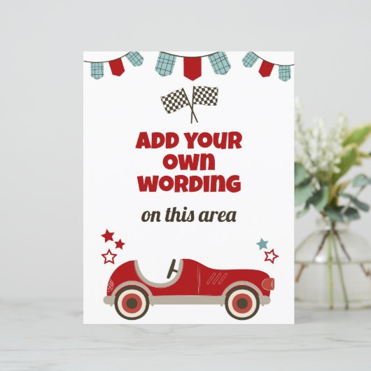 Race Car Thema Custom Sign (Stehend Vorderseite)